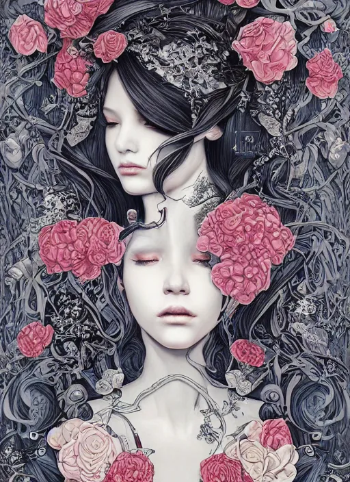 Image similar to the portrait of an unbelievably beautiful, elegant, sensual, and sophisticated young woman, an ultrafine detailed illustration by james jean, intricate linework, bright colors, final fantasy, behance contest winner, vanitas, angular, altermodern, unreal engine 5 highly rendered, ethereal, ominous, detailed and intricate environment