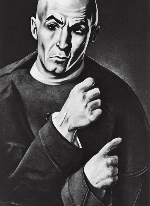 Image similar to portrait of glamorous bald medieval man with big nose and annoyed gesture,look of hate, threatening pose, 1940s propaganda poster, full hd,highly detailed