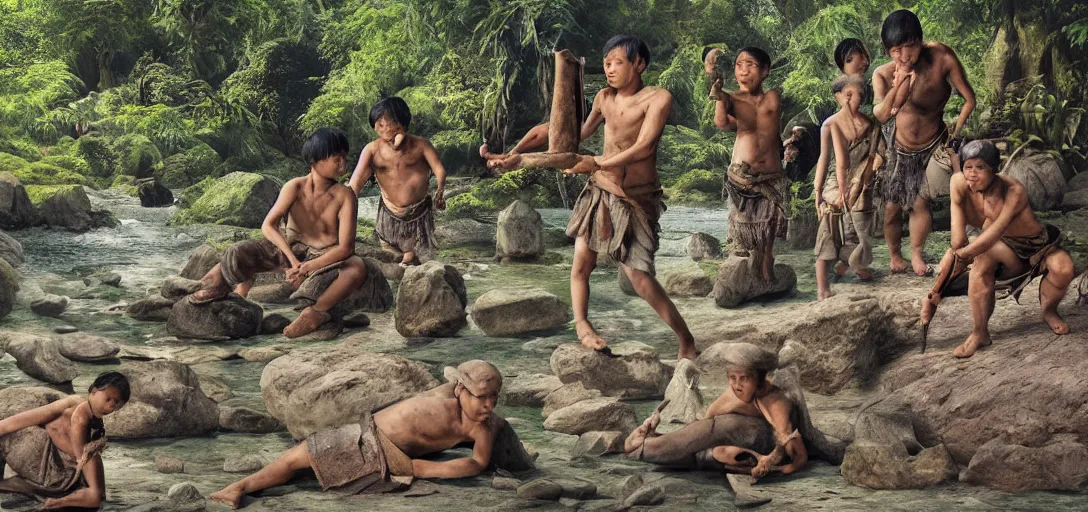 Prompt: asian prehistoric people, asemble at the river bank, make stone adze from pebble at the river bank in the rainforest, high qulity realistic face, hyper - realistic, highly detailed, 8 k, cinematic lighting, global illumination, elegant, ornate, super detail, the light is dim, and the colours are muted. kodak etkar 1 0 0