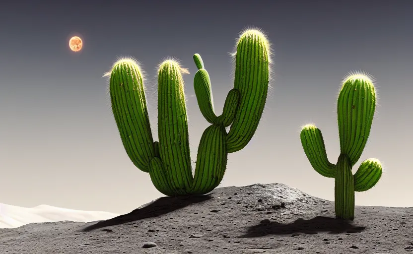 Prompt: lonely cactus growing on the moon, cinematic wide shot, cosmic sun in the background, lush green cactus, hd render