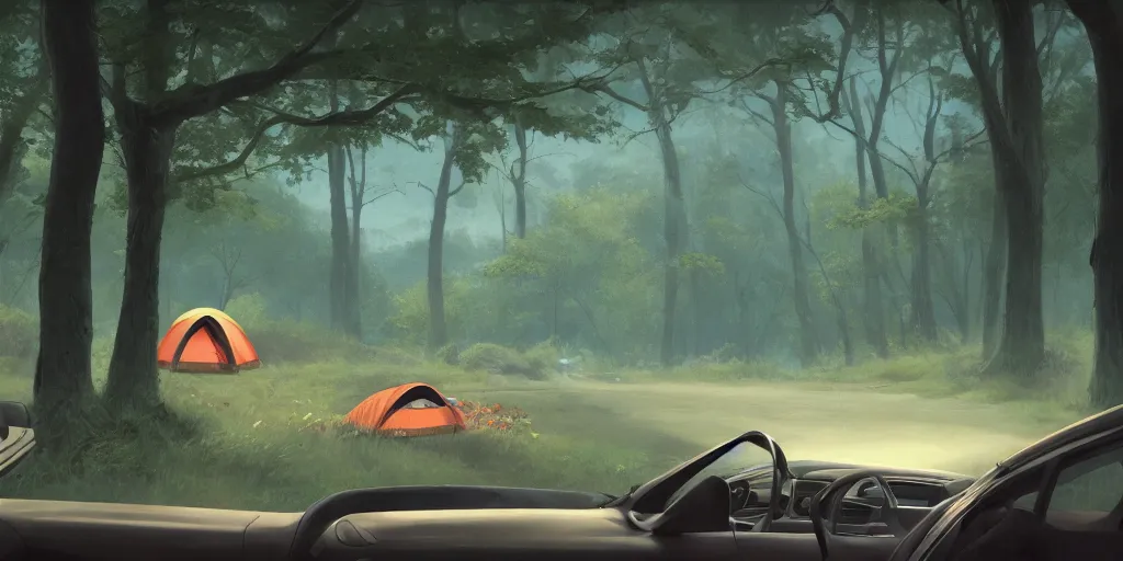 Prompt: looking out a car window to see two women camping, elegant scene, low angle, wide angle, indian forest, wide angle, cinematic, ultrarealistic, trending on artstation, cgsociety, highly detailed, color graded, rendered in unreal engine 4 k hq, matte painting, by simon stalenhag and hudson river school, horizon forbidden west