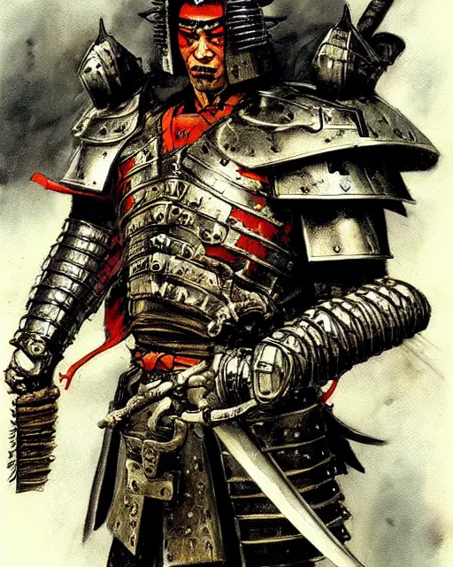 Image similar to portrait of a samurai cyborg wearing armor by simon bisley, john blance, frank frazetta, fantasy, barbarian