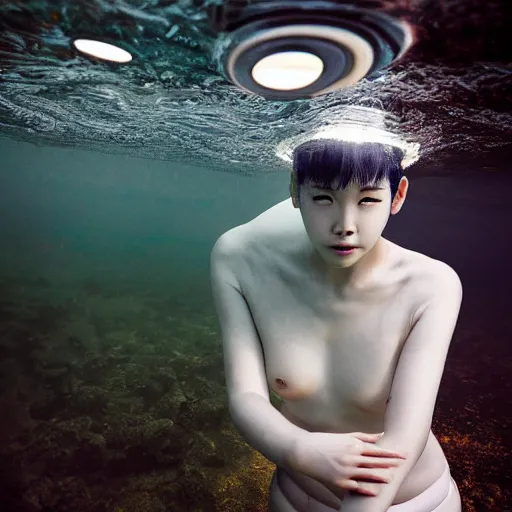 Image similar to beautiful centered fine art photo portrait of hoyeon jung as a solarpunk robotic humanoid treading above water, white mechanical parts with led lights, ultra - detailed and intricate, white background, sun lighting, soft focus, slow exposure hdr 8 k