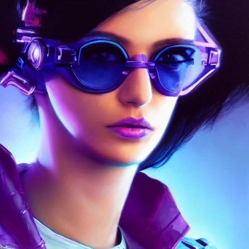 Image similar to very detailed masterpiece closeup painting of a very beautiful young mexican cyberpunk woman with light blue shutter shades, one side haircut, dark purple hair, purple leather jacket, portrait, synthwave background, artstation, concept art by greg rutkowski