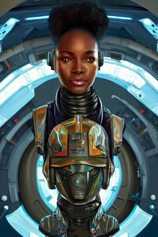 Image similar to portrait futuristic beautiful african Airforce armored pilot Girl, at inside of future fighter aircraft, ssci-fi, fantasy, intricate, very very beautiful, elegant, human anatomy, neon light, highly detailed, digital painting, artstation, concept art, soft light, smooth, sharp focus, illustration, art by tian zi and WLOP and alphonse mucha