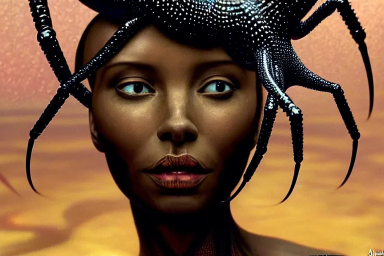 Image similar to realistic detailed closeup portrait movie shot of a beautiful black woman dancing with a giant spider, futuristic sci fi landscape background by denis villeneuve, jean deville, amano, yves tanguy, ernst haeckel, alphonse mucha, max ernst, caravaggio, roger dean, sci - fi necklace, fashion, masterpiece, rich moody colours