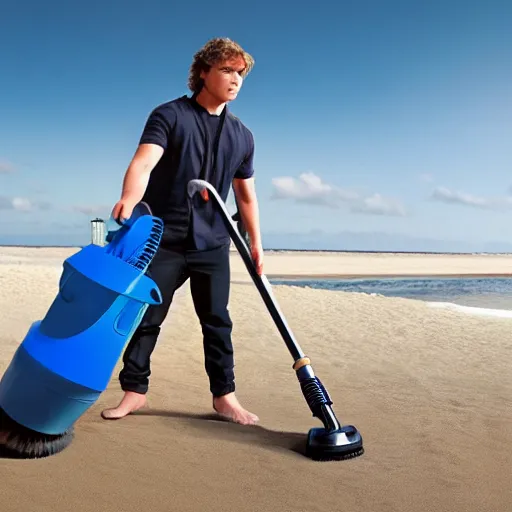 Prompt: anakin skywalker vacuuming beach to remove sand