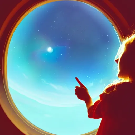 Image similar to a silhouette of a girl looking out a large window at a space scene, lofi aesthetic volumetric lighting, dramatic, realistic, intense