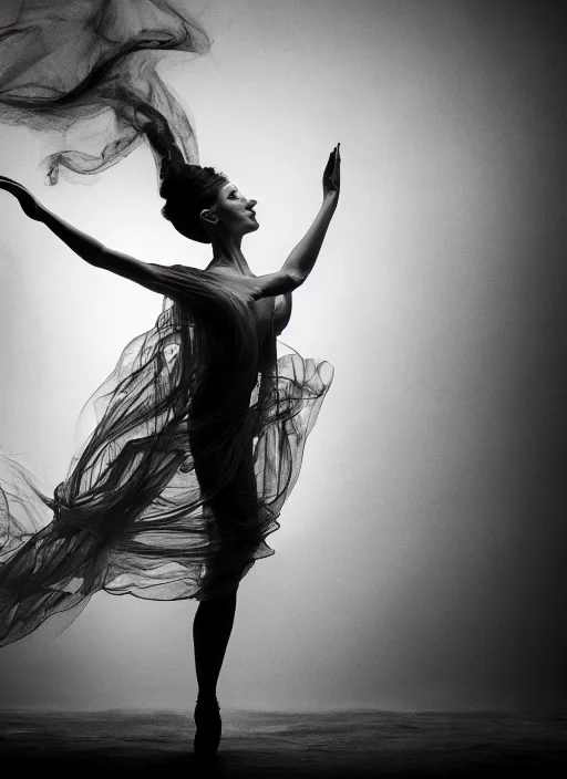 Image similar to a Photorealistic dramatic hyperrealistic render of a beautiful Female smoke dancer by Ken Brower and Deborah Ory of NYC Dance project,Lois Greenfield,Flowing cloth and smoke,Beautiful dynamic dramatic dark moody lighting,volumetric,shadows,cinematic atmosphere,Octane render,8K