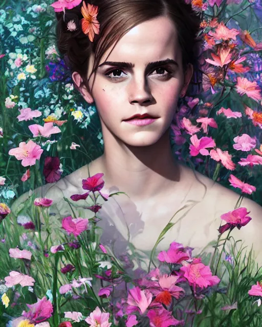 Image similar to portrait of emma watson, surrounded by flowers by karol bak, james jean, tom bagshaw, rococo, sharp focus, trending on artstation, cinematic lighting, hyper realism, octane render, 8 k, hyper detailed.