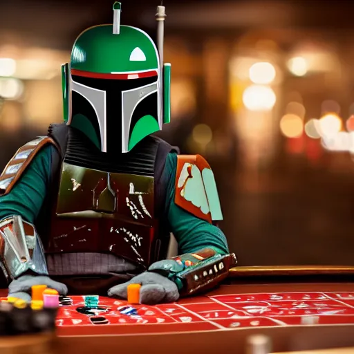 Image similar to photo of Boba fett playing roulette, high quality, cinematic, 4k, strong bokeh