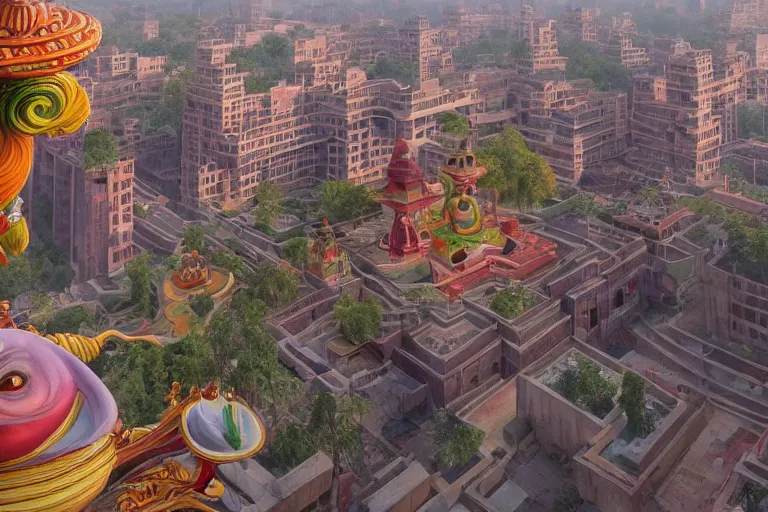 Image similar to high quality dreamscape! biomorphic new delhi, hanuman!! head building, kalighat, octane highly detailed, cinematic smooth, stephen shore & john j. park, soft morning light, wide shot, high angle, uhd 8 k, deep focus