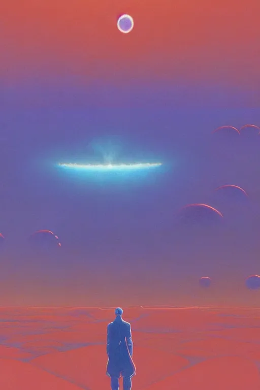 Image similar to a scifi apocalypse in space of a spiritual being dreaming psychedelic hallucinations in cosmos, rainbow colored clouds, by kawase hasui, moebius, Edward Hopper and James Gilleard, Zdzislaw Beksinski, Steven Outram, unreal engine, highly rendered, hd, 8k, artstation