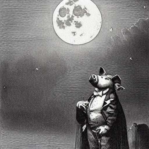 Image similar to pig in a tuxedo, in front of the moon, dark clouds, high detail, dramatic light, illustration by gustave dore