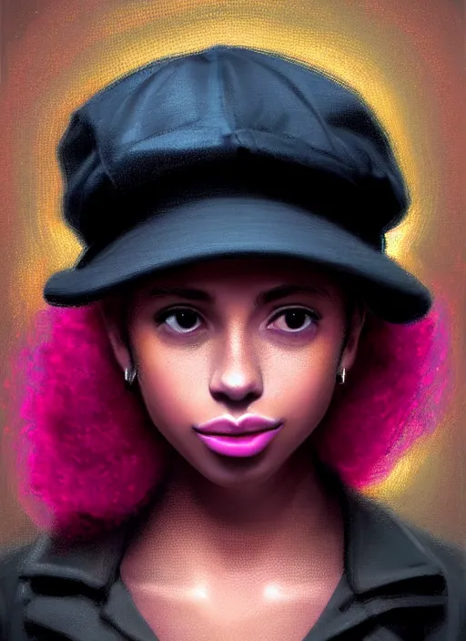 Image similar to portrait of teenage vanessa morgan with bright pink hair, black girl, vanessa morgan, curly pixie cut hair, wearing newsboy cap, newsboy cap, hoop earrings, intricate, elegant, glowing lights, highly detailed, digital painting, artstation, concept art, smooth, sharp focus, illustration, art by wlop, mars ravelo and greg rutkowski