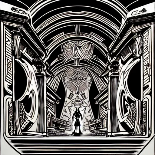 Prompt: AI neoPagan temple of the Winter Goddess of Death, style blend of Burning Man, Neo-Andean architecture, cyberpunk, and The Vatican, depicted in a mixed style of Æon Flux, Möbius, and neoclassical paintings, Extremely fine ink lineart