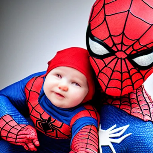 Prompt: realistic photo of spiderman holding baby wearing spiderman costumes