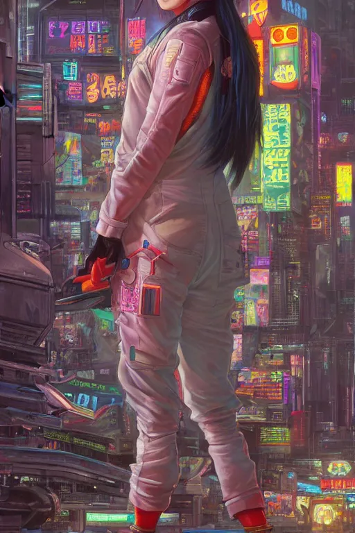Prompt: a full body illustration of an asian female cyberpunk character wearing dungarees, highly detailed, oil on canvas, soft lighting, neon pastel colors, by Glenn Fabry, by Greg Staples, by Jean Giraud, HD, 4K