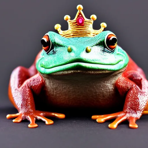 Image similar to anthropomorphic frog wearing crown, photo, 5 5 mm