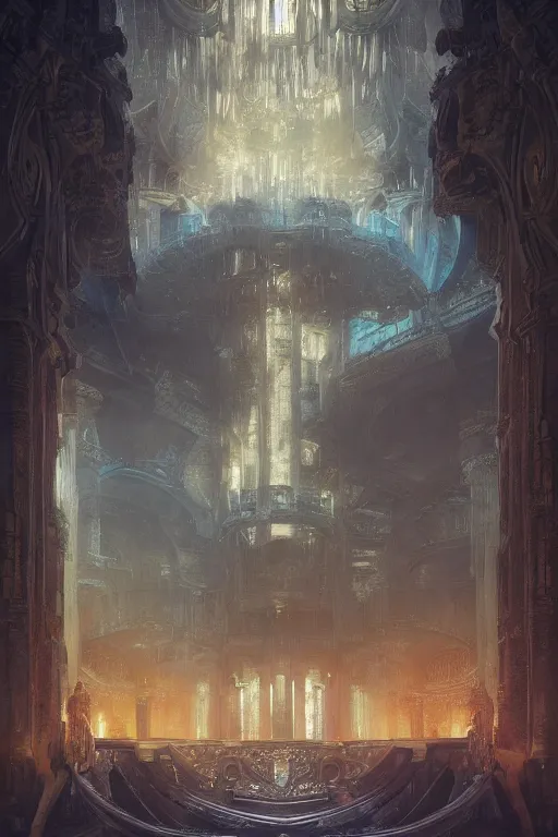 Image similar to inside of an atlantis palace, intricate, elegant, volumetric lighting, digital painting, highly detailed, artstation, sharp focus, illustration, concept art, ruan jia, steve mccurry