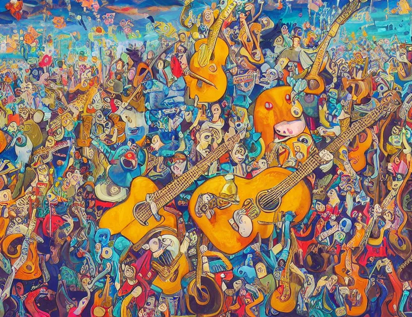 Prompt: a detailed oil painting of a concert by going bananas with guitars while the gold fishes are stoned and smiling in the sky in the style of artist James Jean