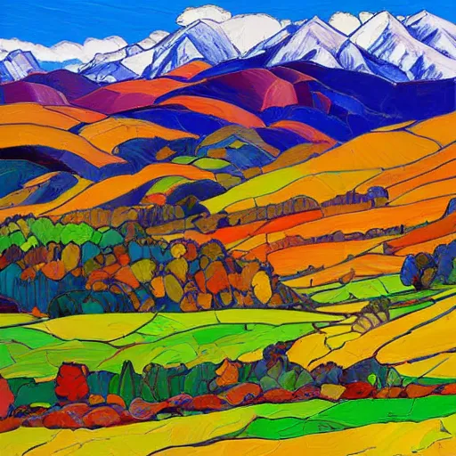 Image similar to autumnal scottish valley view with snowy mountains in the background and piercing blue sky with citrus clouds by erin hanson and tyler edlin