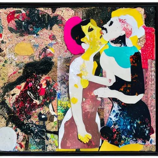 Prompt: two women kissing at a carnival in tokyo, mixed media collage, retro, paper collage, magazine collage, acrylic paint splatters, bauhaus, abstract claymation, layered paper art, sapphic visual poetry expressing the utmost of desires by jackson pollock