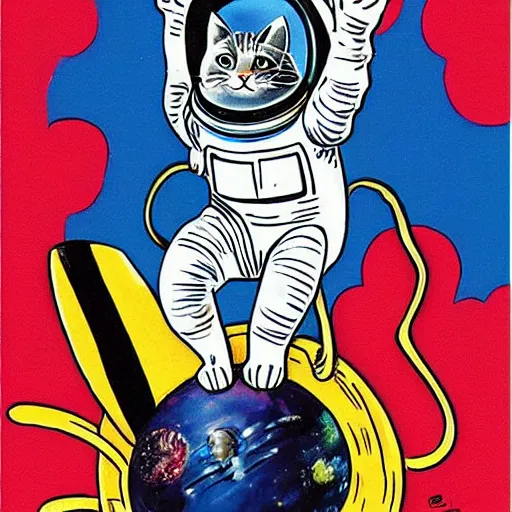 Prompt: a cat astronaut riding a space surf board by Dr. Seuss