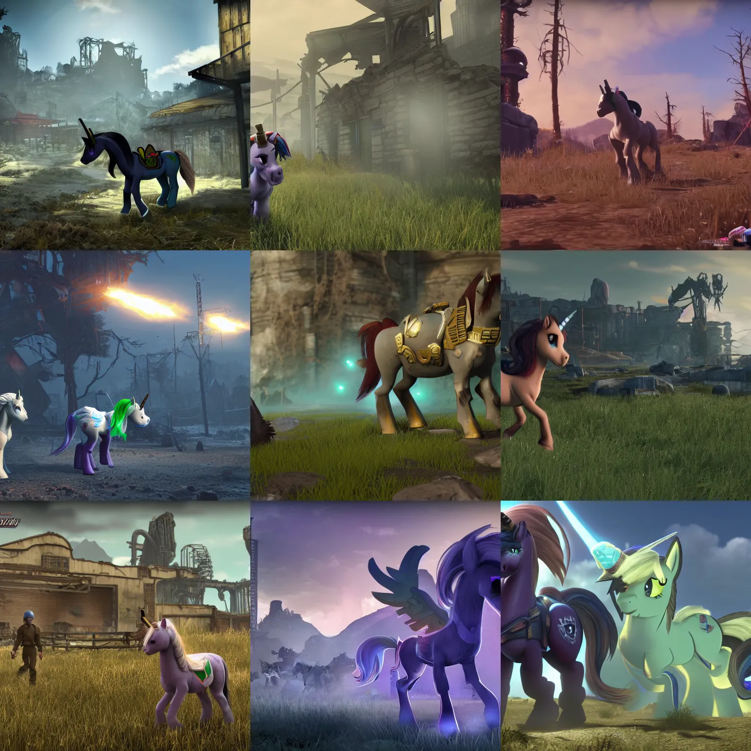 Prompt: ps 4 gameplay screenshot | fallout : equestria | quadrupedal, epic lighting | solo pony treading ponyville ruins | trending on derpibooru, 8 k, my little pony : friendship is magic, fallout, crossover | white unicorn pony with brown shaggy mane with glowing green magic around her horn