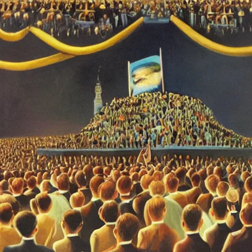 Prompt: enoumous crowd of millions of people, everyone is laughing and pointing at donald trump on a podium. he is not wearing pants and his legs are visible. painting by salvador dali.