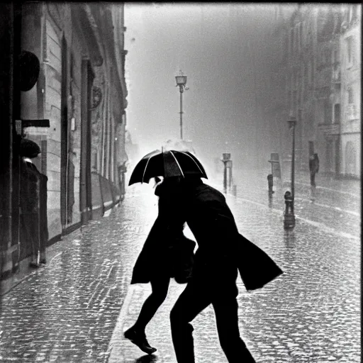 Image similar to the man leaping with an umbrella in a raining paris street, by henri cartier bresson,