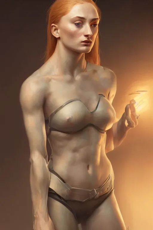 Prompt: Sophie Turner looking behind her, anatomy, only two hands, highly detailed, digital painting, artstation, concept art, smooth, sharp focus, illustration, Unreal Engine 5, 8K, art by art by artgerm and greg rutkowski and edgar maxence