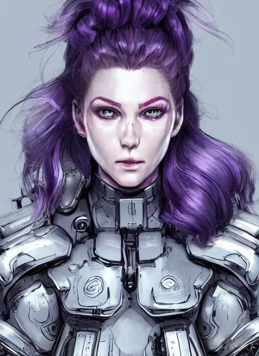 Prompt: close up portrait of a pale woman in sci - fi power armor with purple ponytail hair, powerful, domineering, stoic, intense, ultrafine hyperdetailed illustration by kim jung gi, irakli nadar, intricate linework, sharp focus, octopath traveler, yoji shinkawa, highly rendered, radiant light, detailed, intricate environment