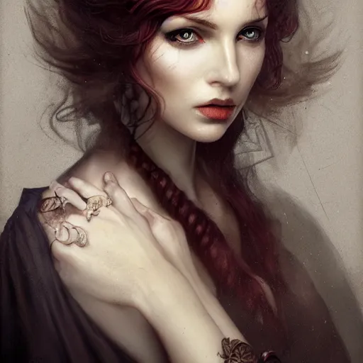 Prompt: tom bagshaw portrait, very beautiful pirate in a full dress and long thin lustrous auburn hair, curiosities, professionally retouched, focus eyes, ultra realistic soft painting, insanely detailed linework, symmetrical accurate intricate features, behance, 8 k