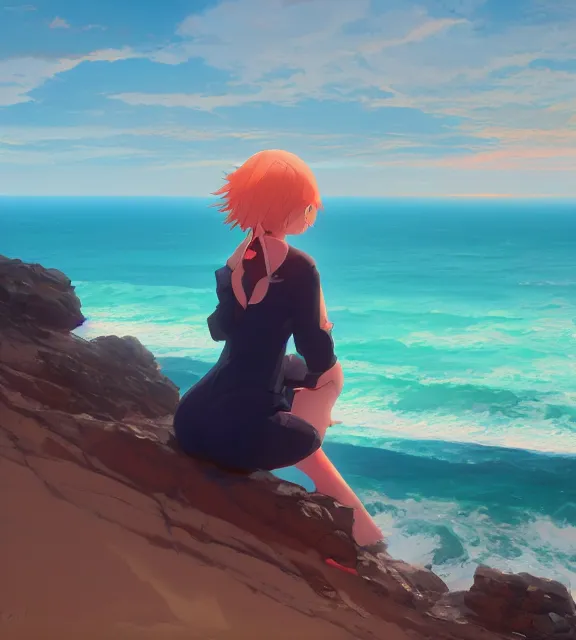 Image similar to a girl sitting on a cliff overlooking a beach. vivid colors, soft lighting, atmospheric, cinematic, moody, in the style of ilya kuvshinov and range murata, krenz cushart, oil on canvas, 8 k