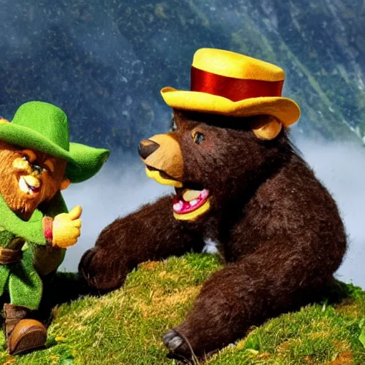 Image similar to A leprechaun fighting a bear at the top of a mountain, sun shines on them, harsh lighting, dramatic