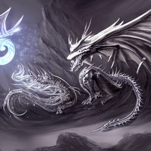 Prompt: a silver dragon fighting a night, concept art, fantasy