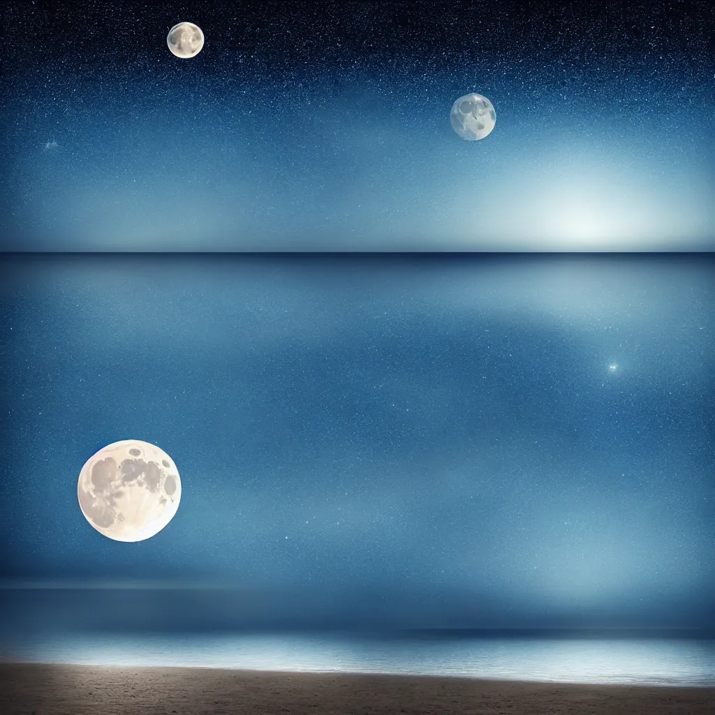 Image similar to calm night sea, big luminescent moon, stars in the sky, mystic, hyper - realistic, high contrast