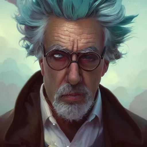 Image similar to Rick Sanchez, artists portrait, fantasy, highly detailed, digital painting, concept art, sharp focus, depth of field blur, illustration, art by artgerm and greg rutkowski and alphonse mucha