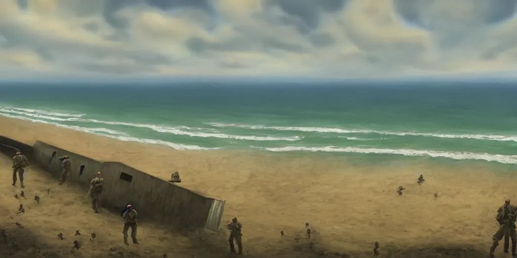 Image similar to omaha beach, ww 2, matte painting, oil painting, painting