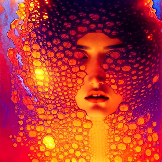 Image similar to mind bending sapphire ocean waves of glossy psychedelic liquid honey drops flowing like kaleidoscopic translucent amber, lsd waves, psychedelic ripples, crystal clear, backlit, sunset, refracted lighting, art by collier, albert aublet, krenz cushart, artem demura, alphonse mucha