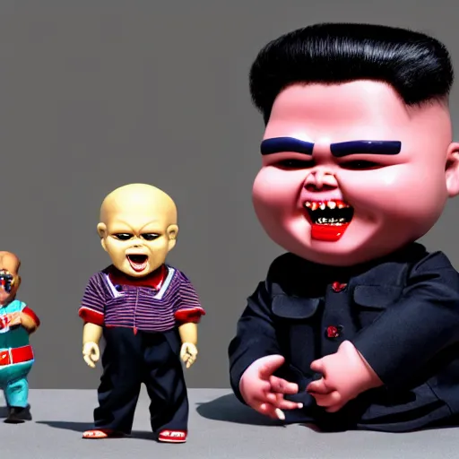 Image similar to kim jong un doll being chased by screaming chucky doll octane render