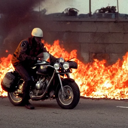 Prompt: roger deakins cinematography of a motorcycle driving through ruined streets set ablaze