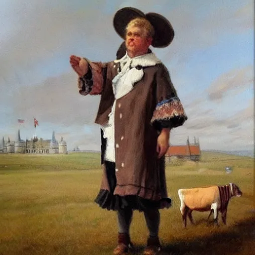 Image similar to painting by zorn, cow, dressed, anthropomorphic!!, wearing!!! clothes!!!, standing next to royal castle!!!