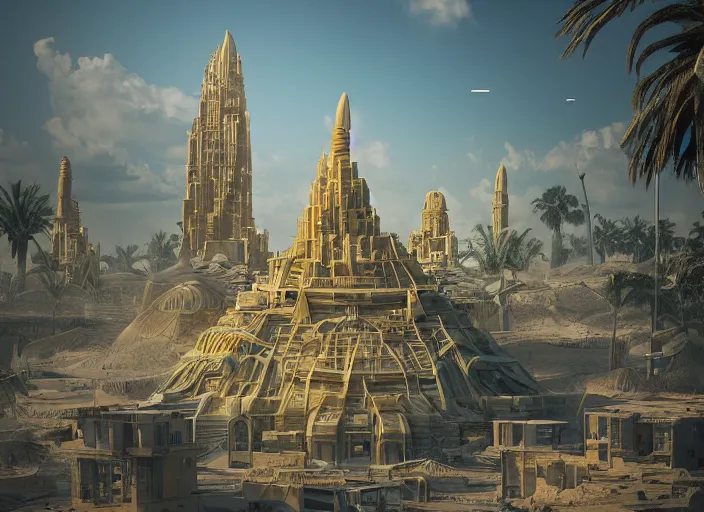 Image similar to cover concept art of the lost sand city, levitating sand, golden towers, golden pillars, palm trees, space and time, floating objects, post-processing, in the style of Hugh Ferriss, Behance, Artgerm. High detail, ultra realistic render, octane, 3D, photorealism, symmetric, cinematic