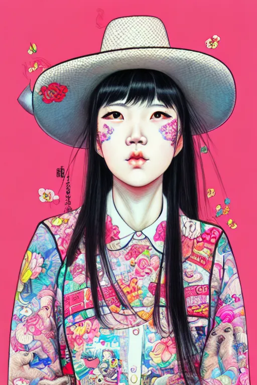 Prompt: taiwanese girl wearing cowboy hat, style of yoshii chie and hikari shimoda and martine johanna, highly detailed