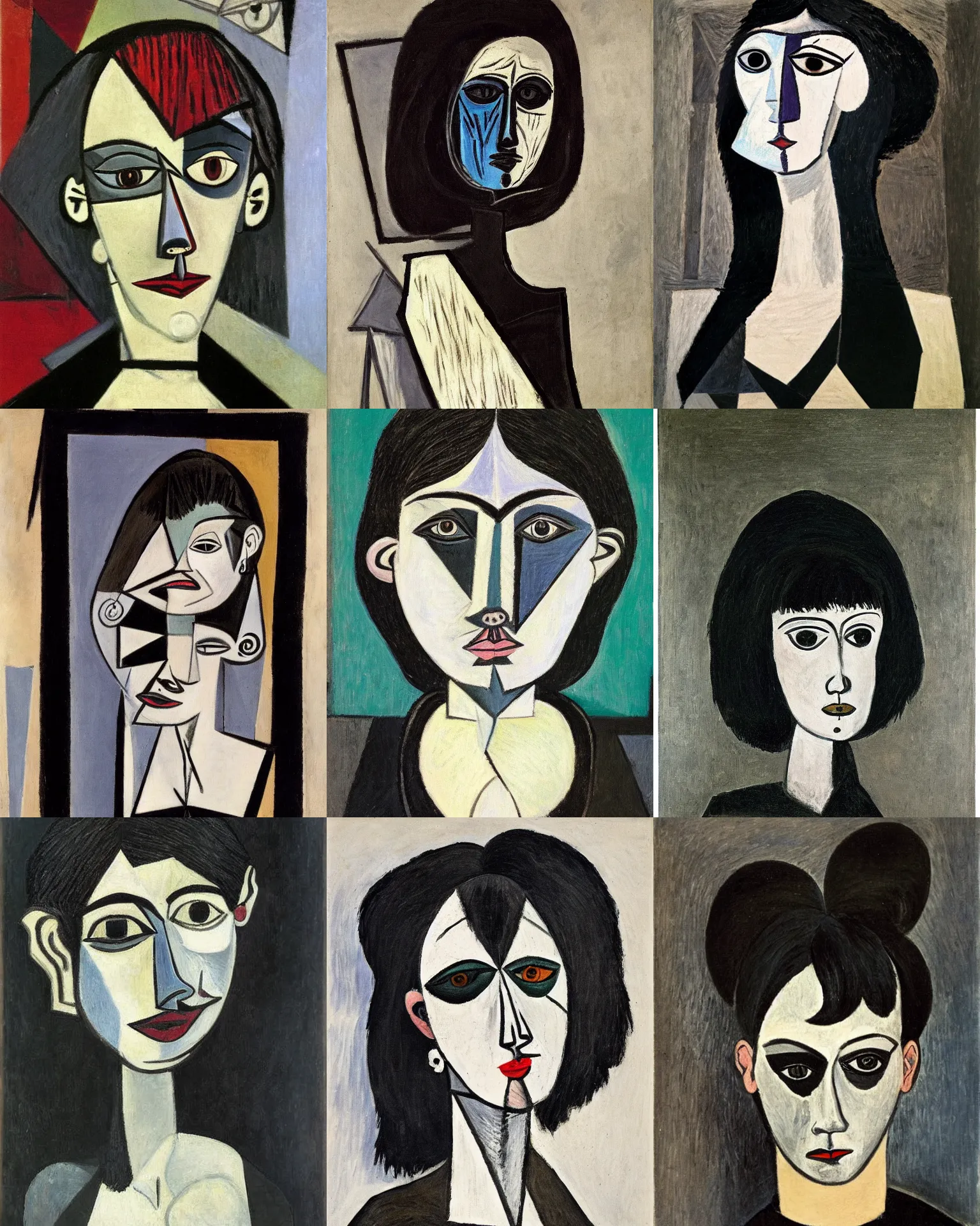 Prompt: a portrait of a goth painted by Pablo Picasso. Her hair is dark brown and cut into a short, messy pixie cut. She has a slightly rounded face, with a pointed chin, large entirely all pitch-black eyes, and a small nose. She is wearing a black tank top, a black leather jacket, a black knee-length skirt, a black choker, and black leather boots.