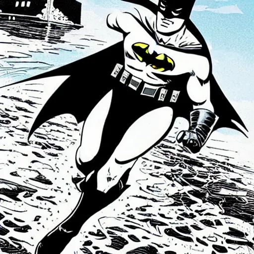 Prompt: batman at the beach swimming in the sea, comic art style, detailed lines, highly detailed