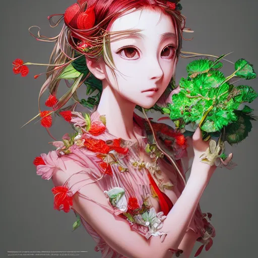 Image similar to the portrait of an absurdly beautiful, graceful, elegant, young japanese anime girl made of strawberries and green petals, an ultrafine hyperdetailed illustration by kim jung gi, irakli nadar, intricate linework, bright colors, octopath traveler, final fantasy, angular, unreal engine 5 highly rendered, global illumination, radiant light, detailed and intricate environment