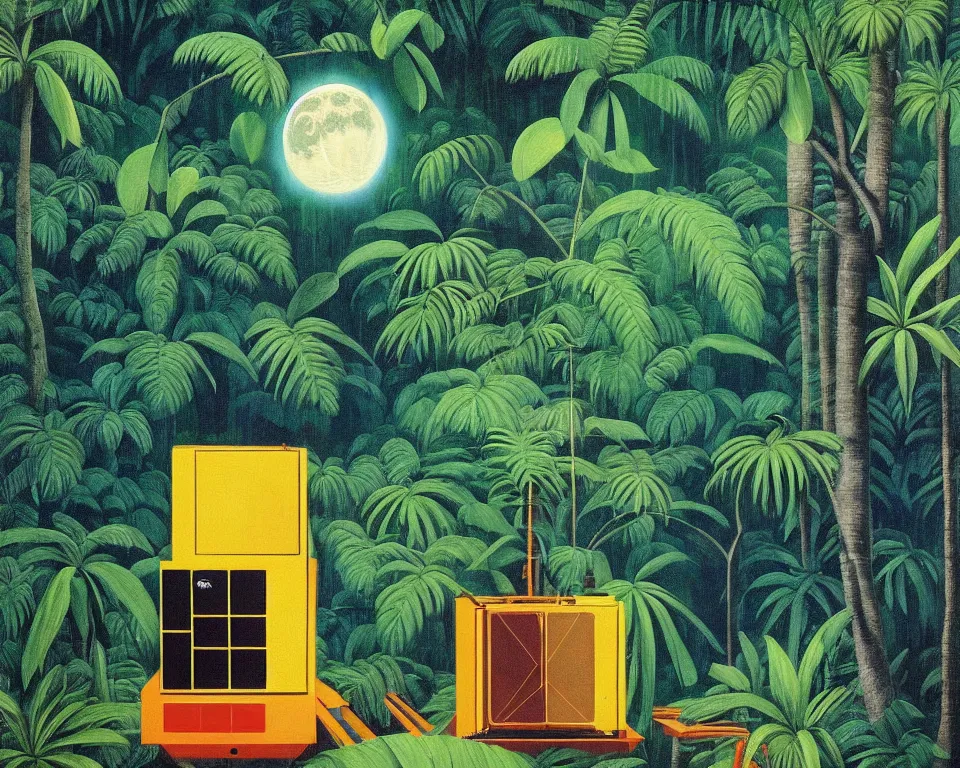 Prompt: an achingly beautiful print of the lunar module in the middle of a tropical rainforest by Raphael, Hopper, and Rene Magritte. detailed, romantic, enchanting, trending on artstation.